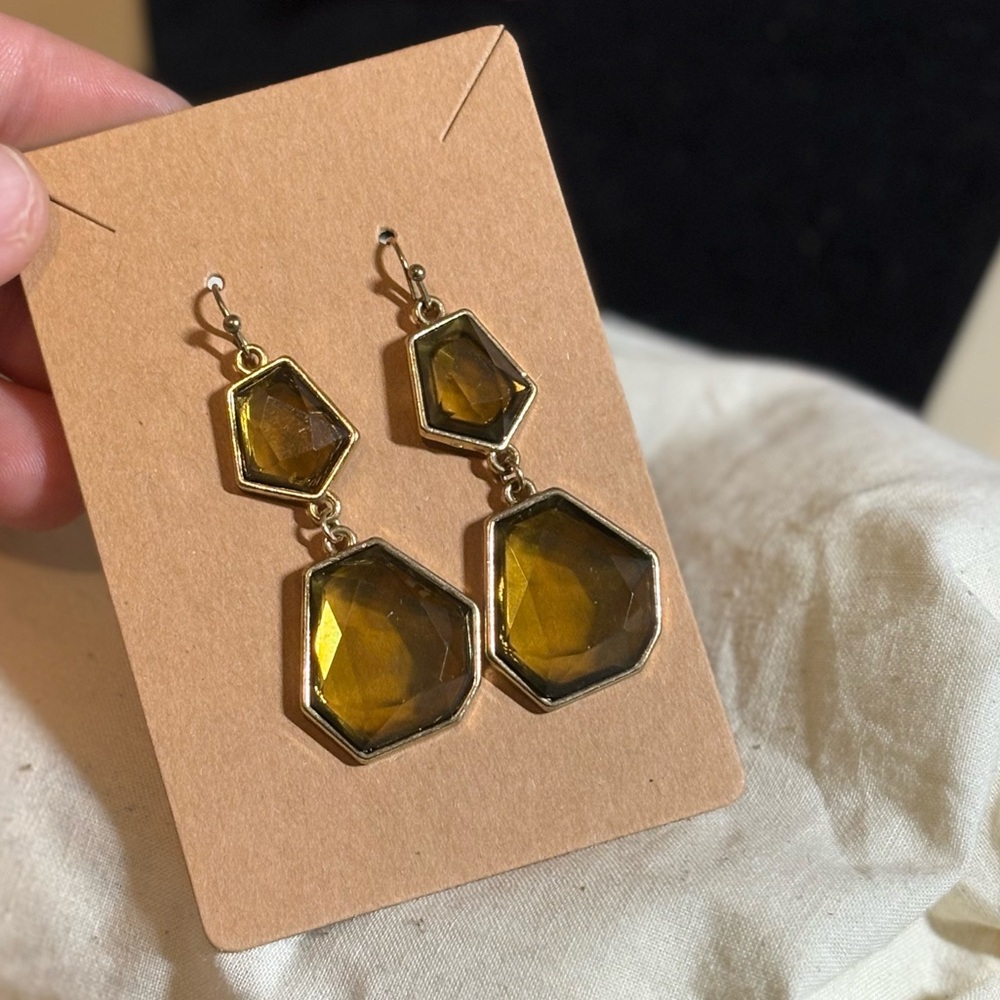 Gold tone and brass or avocado colored translucent acrylic beads, fishhook post